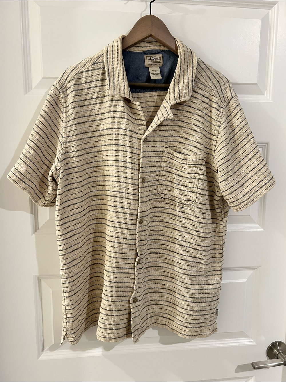 LL Bean Waffle Weave Button Down Shirt Cream Size L